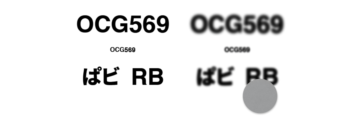 大文字のOCG、数字の596、ひらがなのぱ、カタカナのビ、大文字のRB。
ぼやけていると、シルエットがよく似ていることが分かる。RBの下半分が隠れると、見えている部分での判別が難しい。