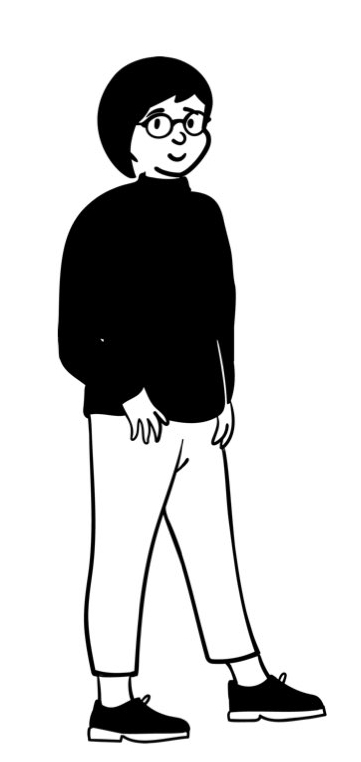 イラスト:ショートカットでメガネをかけて、黒いタートルネックを着ている人