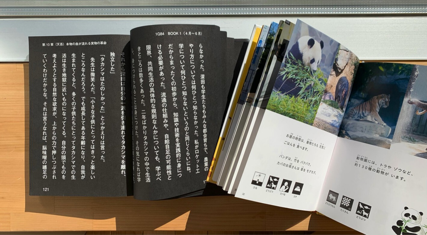 写真:黒い紙に白い大きな文字が印刷された本と、写真やピクトグラム、やさしい文章で書かれたLLブック。