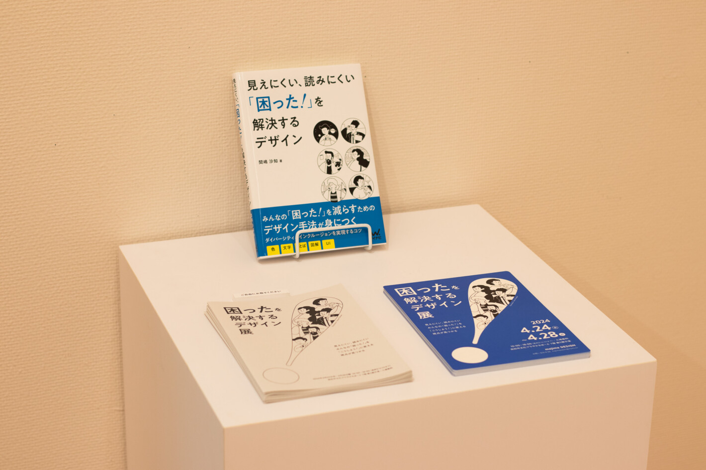 写真:書籍『見えにくい、読みにくい「困った!」を解決するデザイン』と、同じサイズのブルーのDM、モノクロのリーフレット。