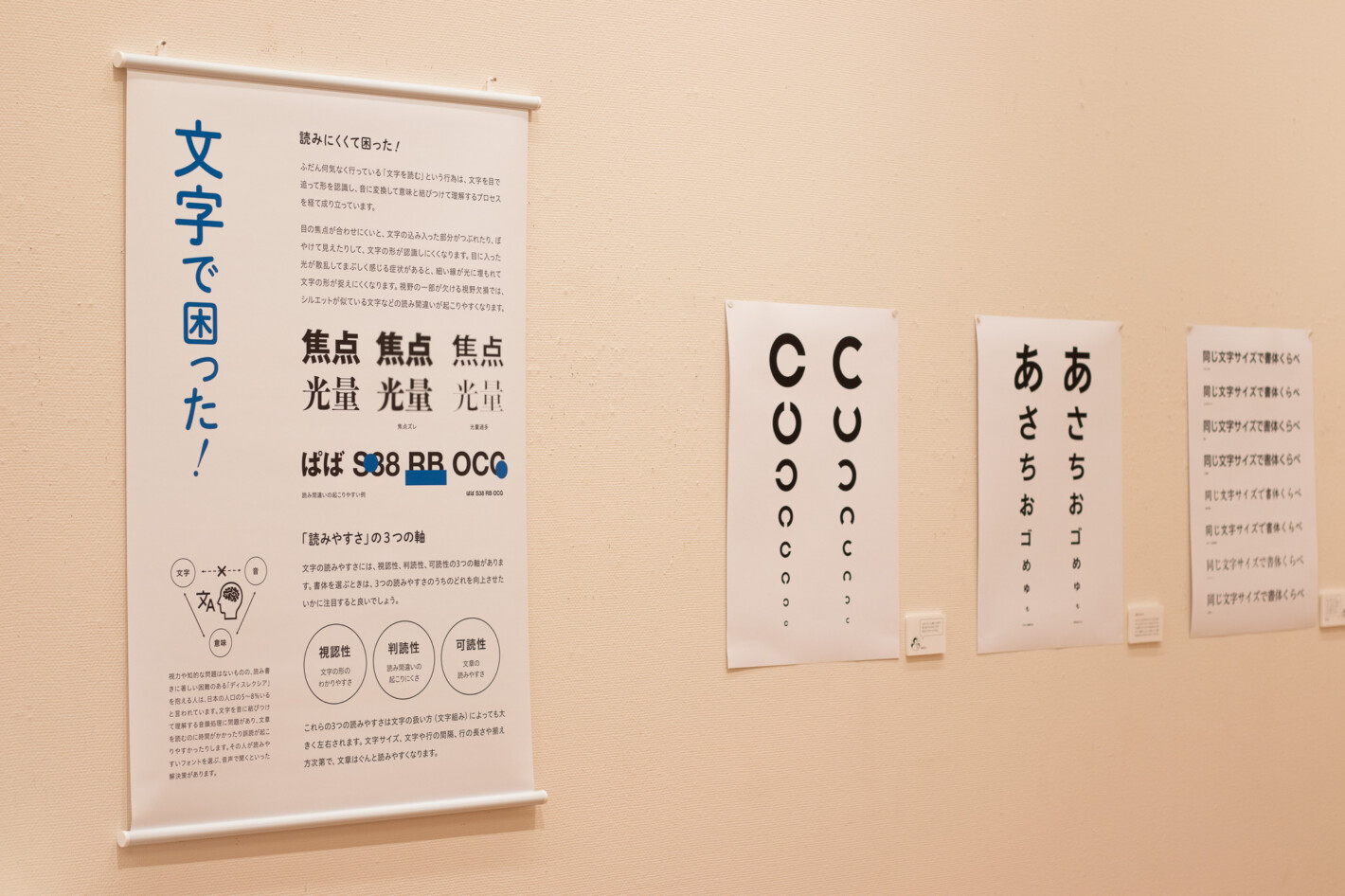 写真:「文字で困った!」というタペストリーや、視力検査のランドルド環のようなポスターが壁に展示されています