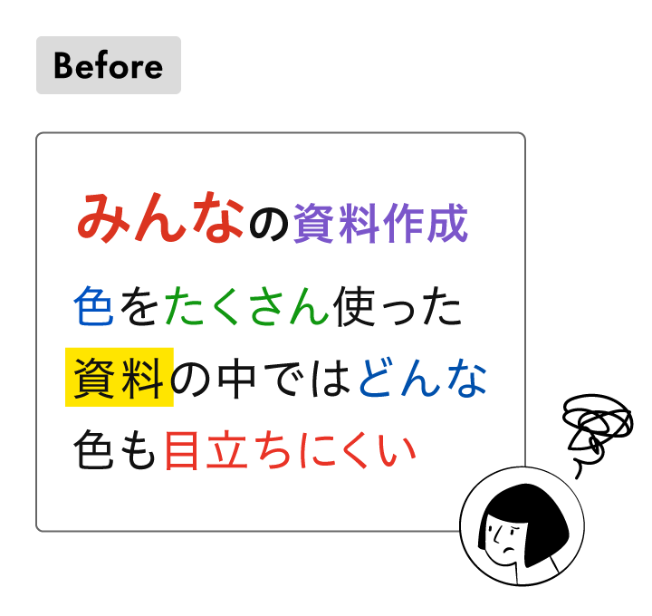 Before:色をたくさん使った資料の中では、どんな色も目立ちにくい例