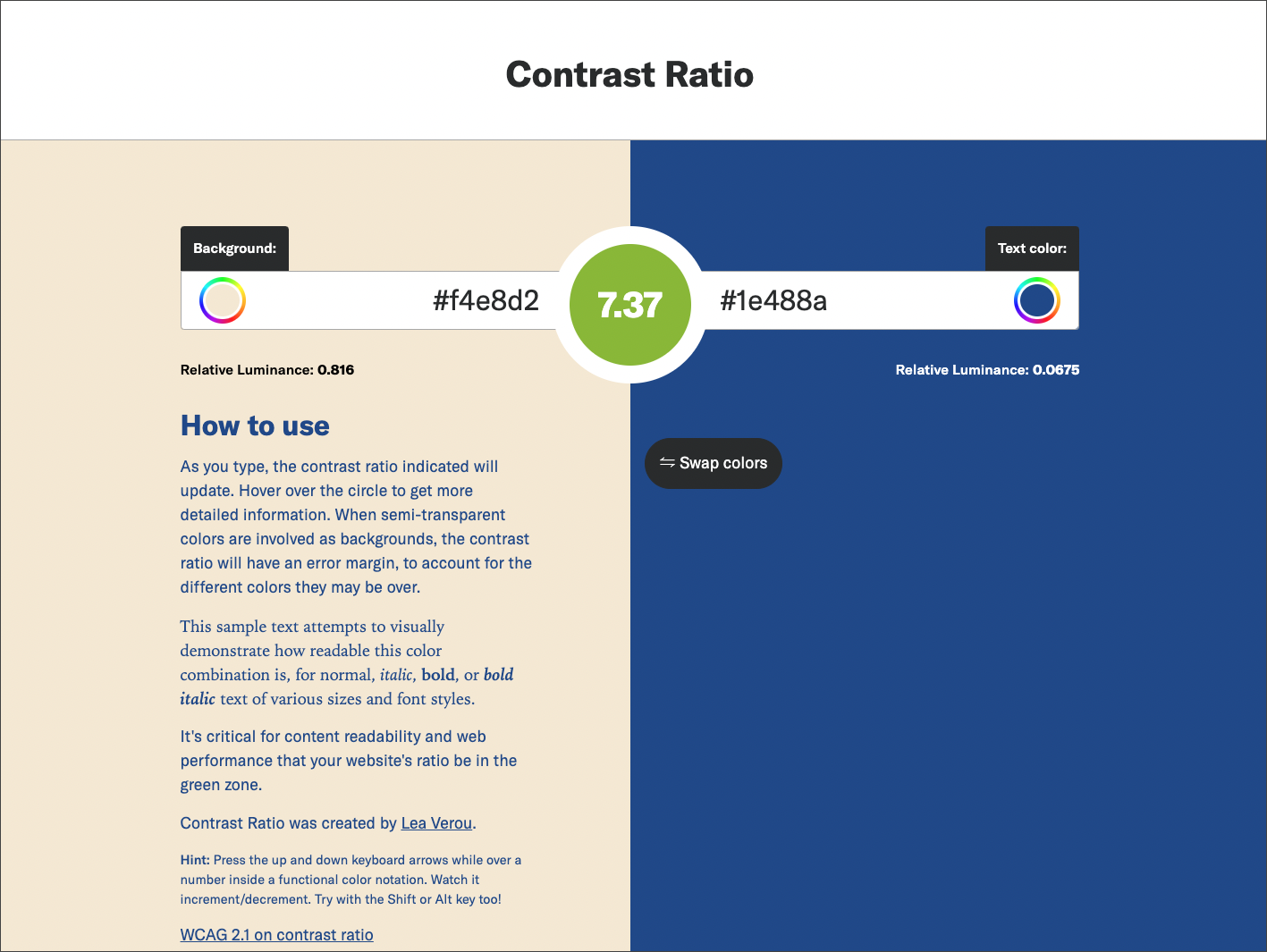画面キャプチャ:Contrast Ratioでベージュと紺色のコントラストチェックを行なっているところ