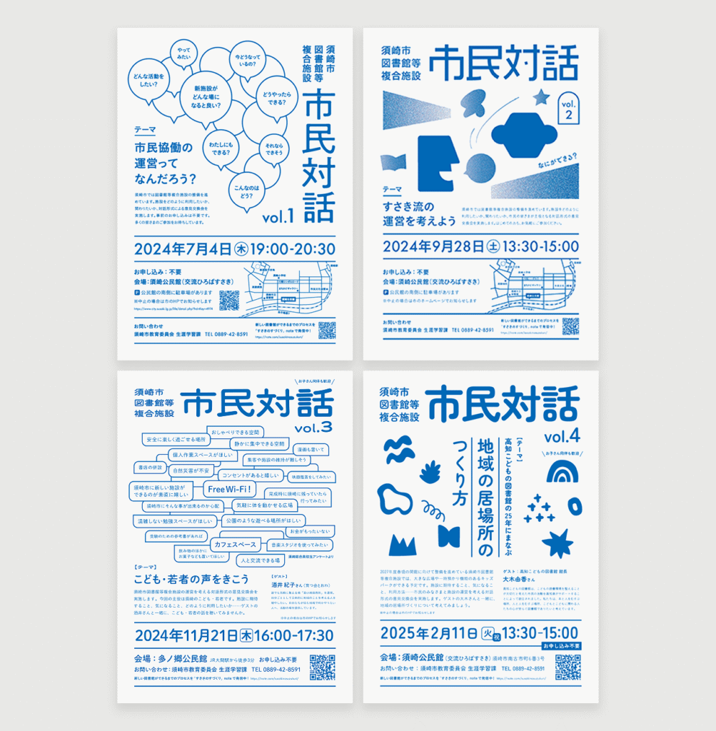 4種のポスター。いずれも白地にブルー1色で展開。テーマは、1回目「市民協働の運営ってなんだろう?」2回目「すさき流の運営を考えよう」3回目「こども・若者の声をきこう」4回目「高知こどもの図書館の25年にまなぶ地域の居場所のつくり方」