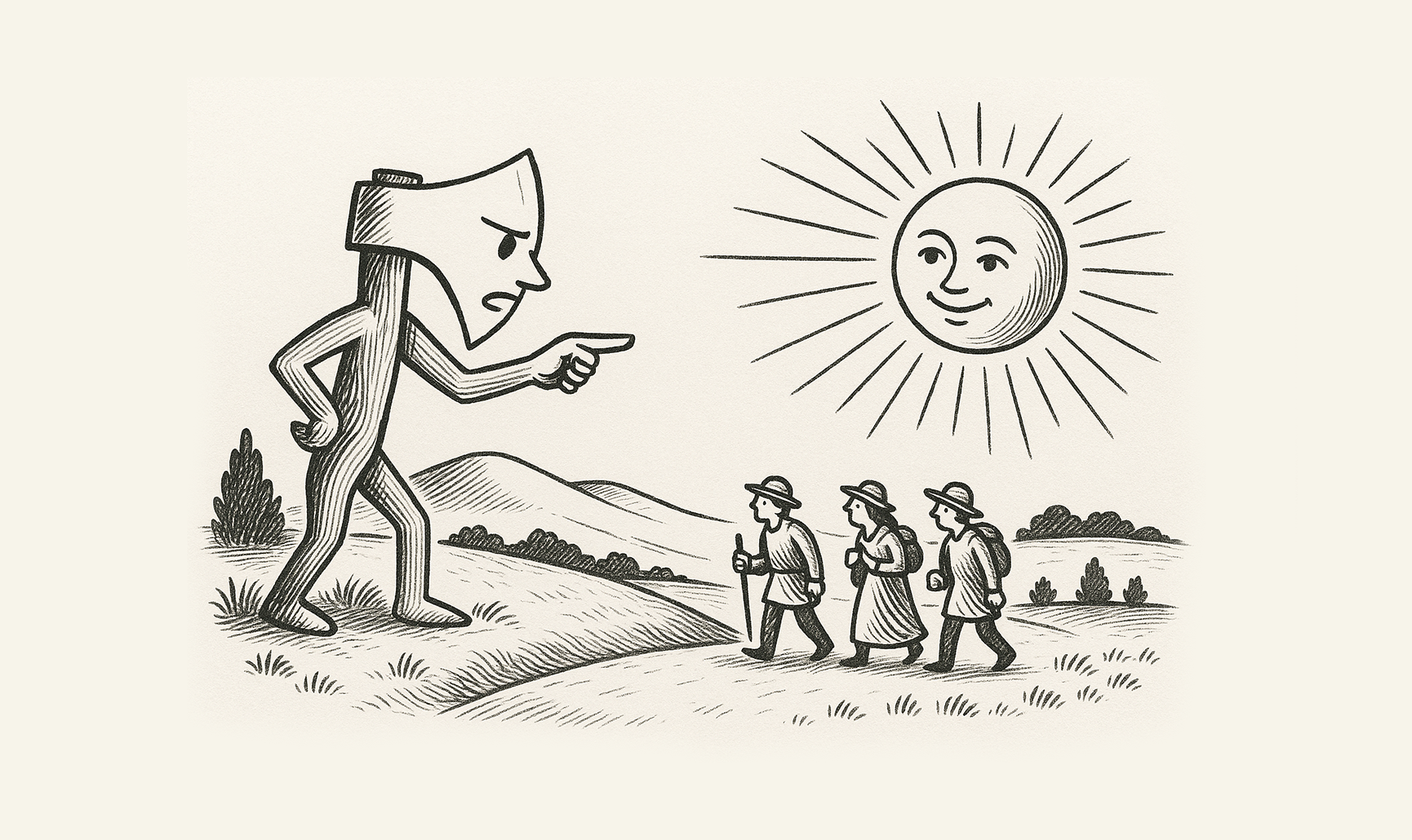 イラスト:厳しい顔のまさかりと、優しい顔の太陽、3人の旅人。