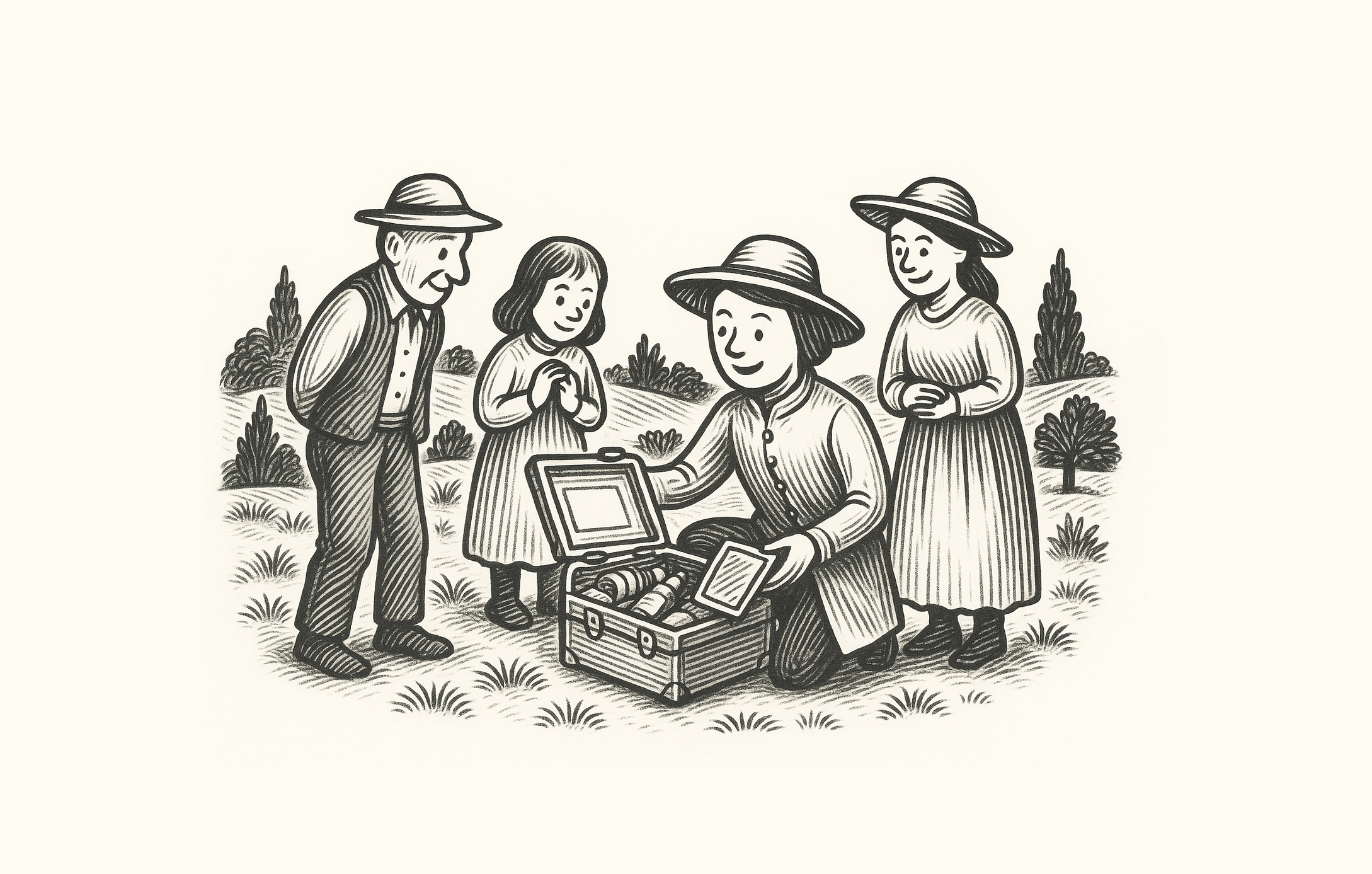 イラスト:鞄をひらいて品物を見せている人のまわりに、それを見る人たちが集まっている